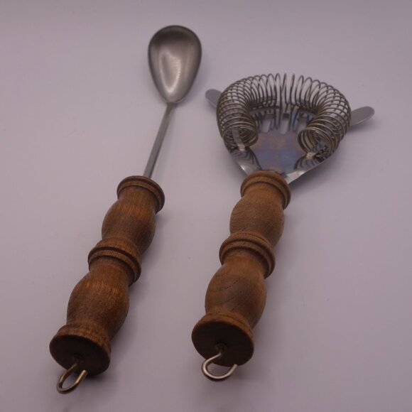 Vintage Cocktail Strainer and Stirring Spoon with Wood Handle and Hook - Picture 1 of 14